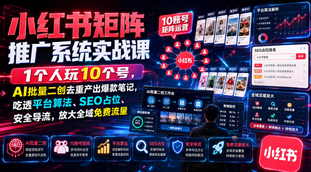 f341277f0c46c6b8c02bc86867a4a595.jpeg 小红书矩阵推广系统实战课|1个人玩10个号,AI批量二创去重产出爆款笔记,吃透平台算法、SEO占位、安全导流,放大全域免费流量