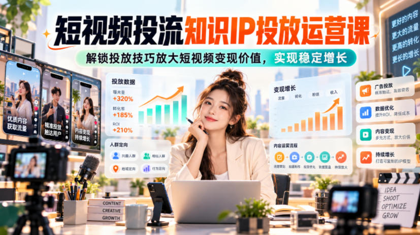 短视频投流知识IP投放运营课，解锁投放技巧放大短视频变现价值，实现稳定增长-鼎铸网