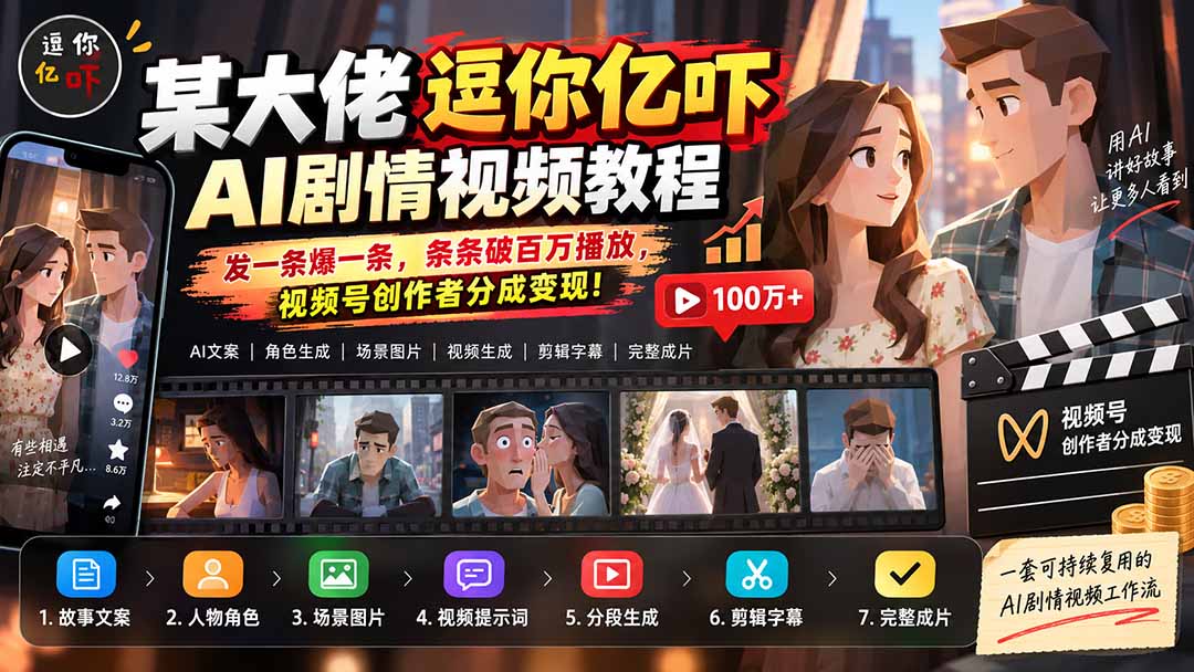 某大佬逗你亿吓AI低模剧情视频制作教程：发一条爆一条，条条破百万播放，利用视频号创作者分成变现!-鼎铸网