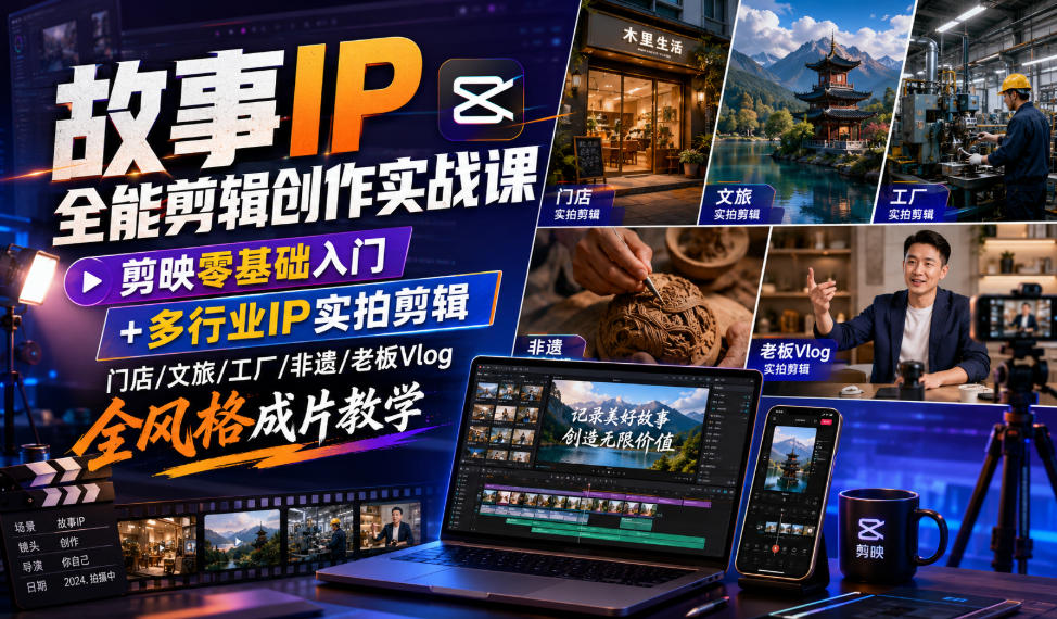 f4559135214a0b868a8bb477ca496155.jpeg 故事IP全能剪辑创作实战课|剪映零基础入门+多行业IP实拍剪辑,门店/文旅/工厂/非遗/老板Vlog全风格成片教学