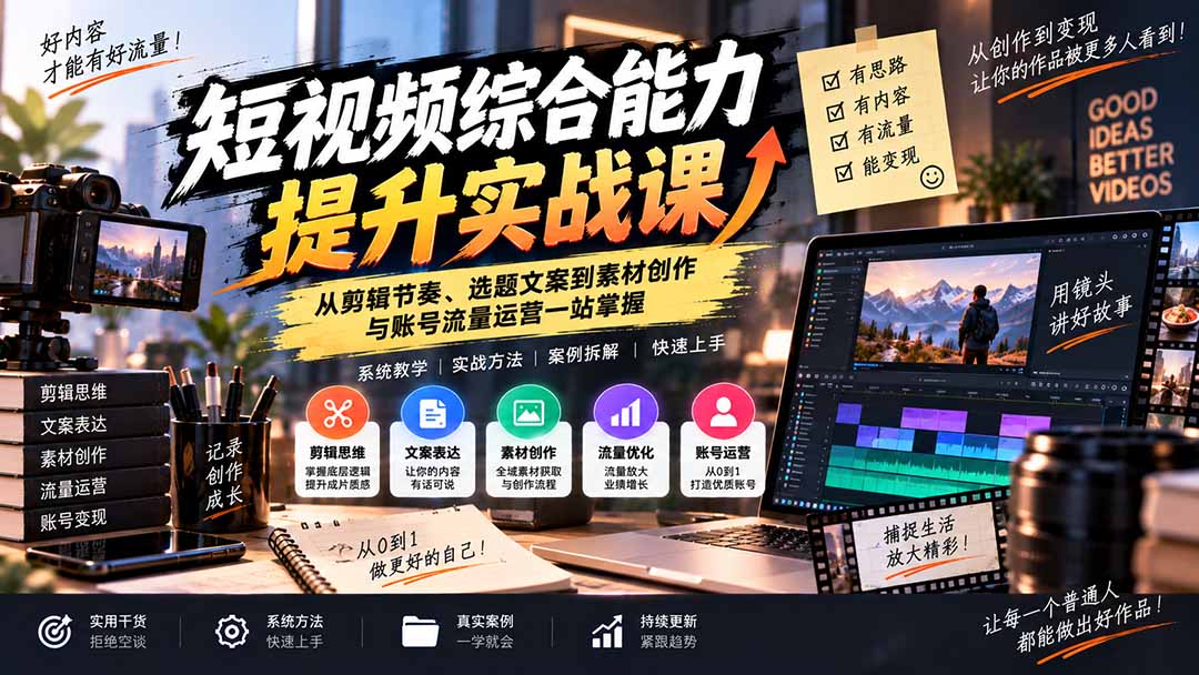 短视频综合能力提升实战课：从剪辑节奏、选题文案到素材创作与账号流量运营一站掌握-鼎铸网