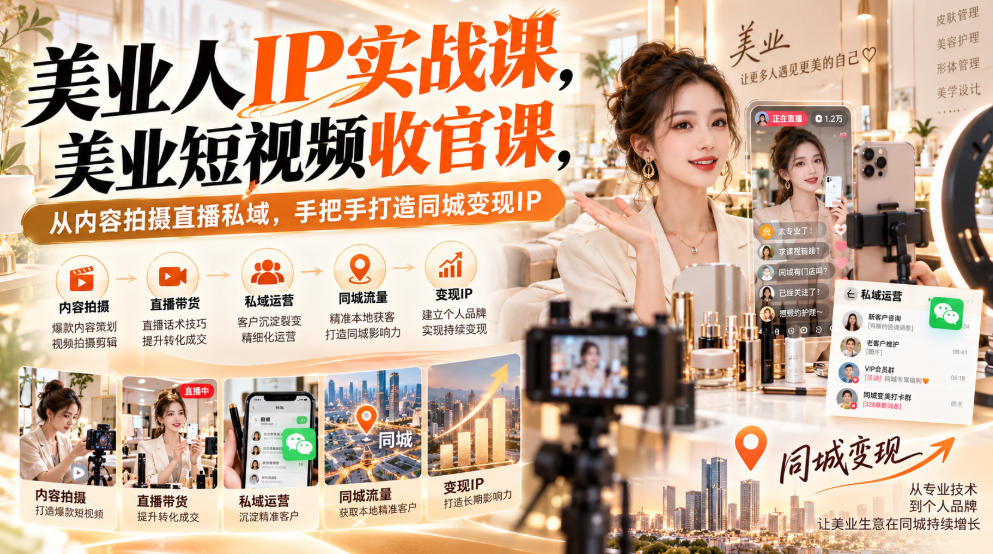 【无水印】美业人IP实战课,美业短视频收官课,从内容拍摄直播私域,手把手打造同城变现IP-鼎铸网