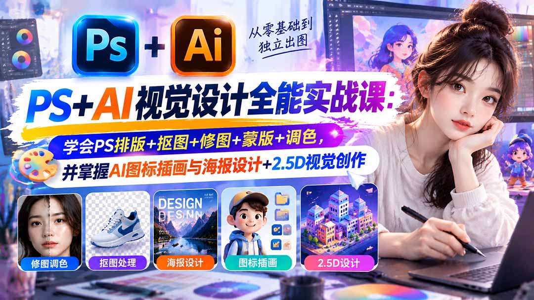 f5167d195ad121f16a50f55698c3aa59.jpeg 【无水印】PS+AI视觉设计全能实战课:学会PS排版+抠图+修图+蒙版+调色,并掌握AI图标插画与海报设计+2.5D视觉创作
