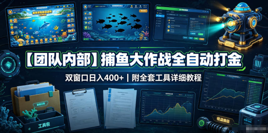 【团队内部】捕鱼大作战全自动打金,双窗口日入400+,附全套工具详细教程【揭秘】-鼎铸网