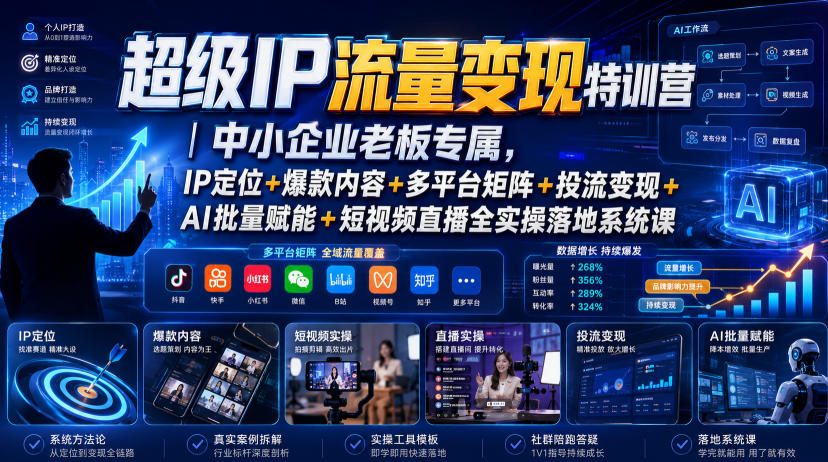 f65b4e17a779b24edd57034e41b19e2a.jpeg 超级IP流量变现特训营|中小企业老板专属,IP定位+爆款内容+多平台矩阵+投流变现+AI批量赋能+短视频直播全实操落地系统课