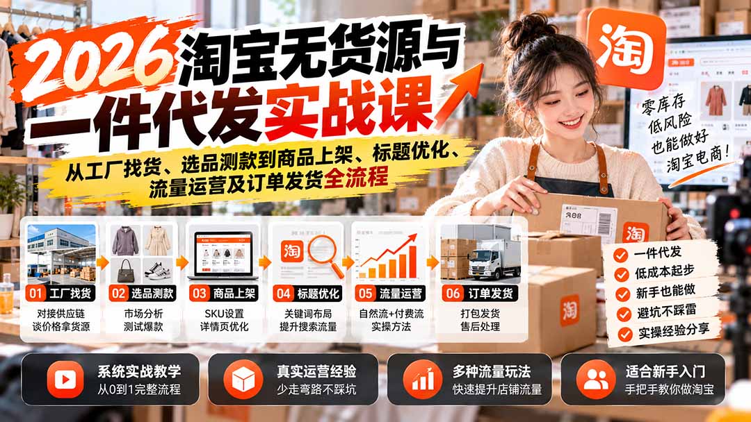 2026淘宝无货源与一件代发实战课：从工厂找货、选品测款到商品上架、标题优化、流量运营及订单发货全流程-鼎铸网