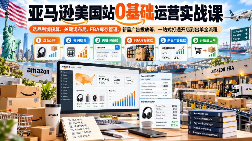 亚马逊美国站0基础运营实战课｜选品利润核算、关键词布局、FBA库存管理、新品广告投放等，一站式打通开店到出单全流程-鼎铸网