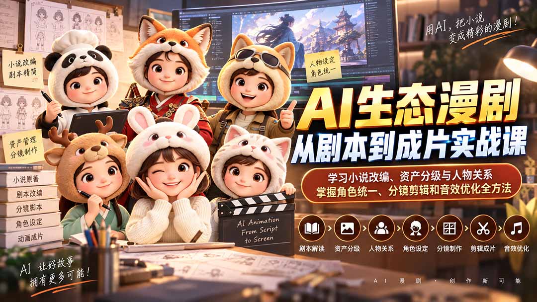f74f81a71f8e849eb3d072f2f7f7b977.jpeg AI生态漫剧从剧本到成片实战课:学习小说改编、资产分级与人物关系,掌握角色统一、分镜剪辑和音效优化全方法