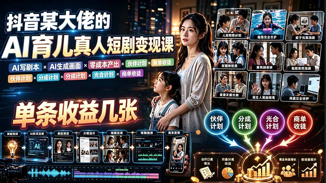 f764ab05b18a2eb7c6f9baa1d3fa235a.jpeg AI育儿真人短剧变现课:AI写剧本×AI生成画面×零成本产出×伙伴计划×分成计划×光合计划×商单收徒