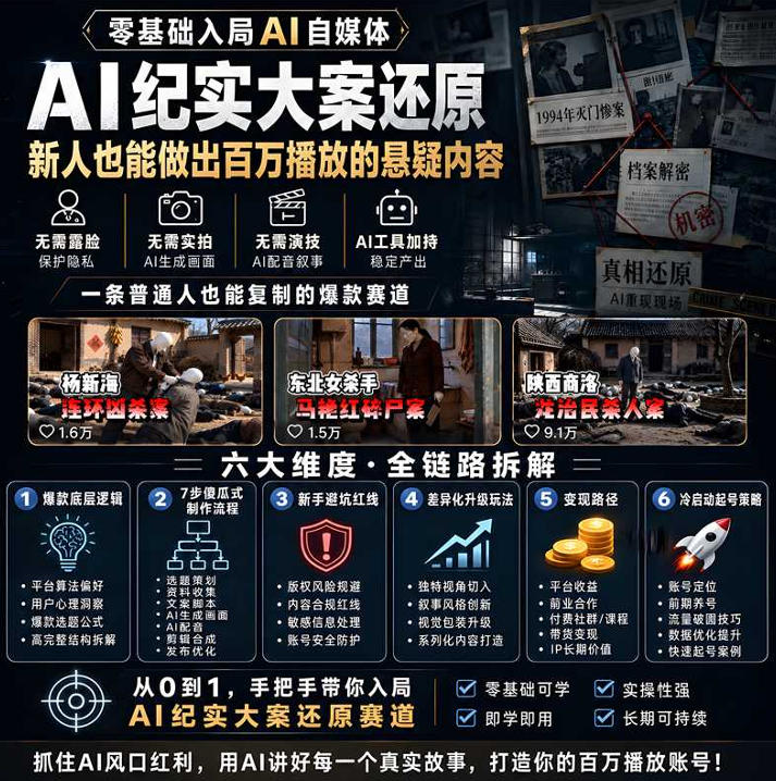 抖音8W粉博主AI纪实大案还原教学：一条普通人也能复制的爆款赛道，新人也能做出百万播放的悬疑内容