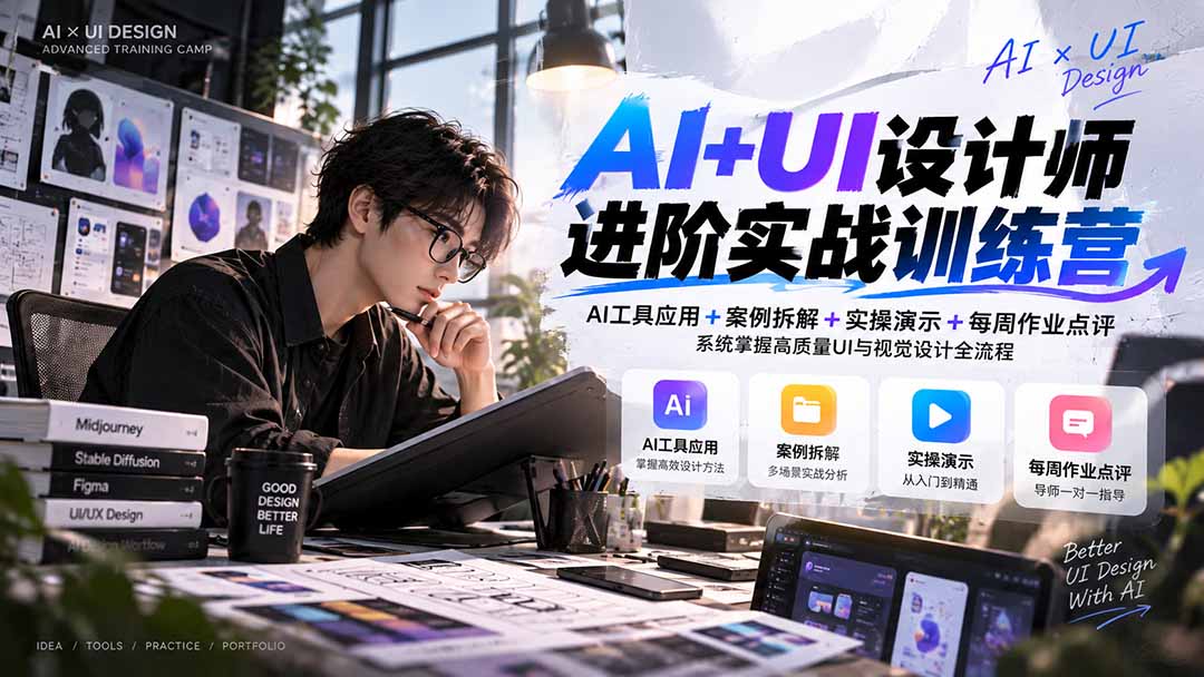 f7ab6ce079ca63c58c2f50b8b10b92eb.jpeg 【无水印】AI+UI设计师进阶训练营-第4期:AI工具应用+案例拆解+实操演示+作业点评,掌握高质量UI与视觉设计全流程