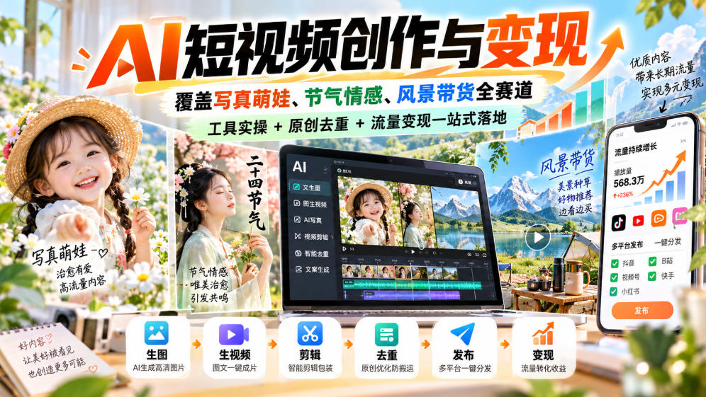 f8466b09a05ebc75545f675ab628bed7.jpeg AI短视频创作与变现,覆盖写真萌娃、节气情感、风景带货全赛道,工具实操+原创去重+流量变现一站式落地