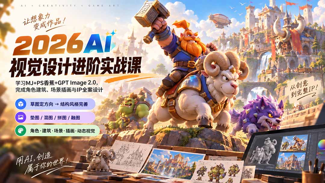f8765c235d689757af407b57a75b4a29.jpeg 2026AI视觉设计进阶实战课-更新1007:学习MJ+PS香蕉+GPT Image 2.0,完成角色建筑、场景插画与IP全案设计