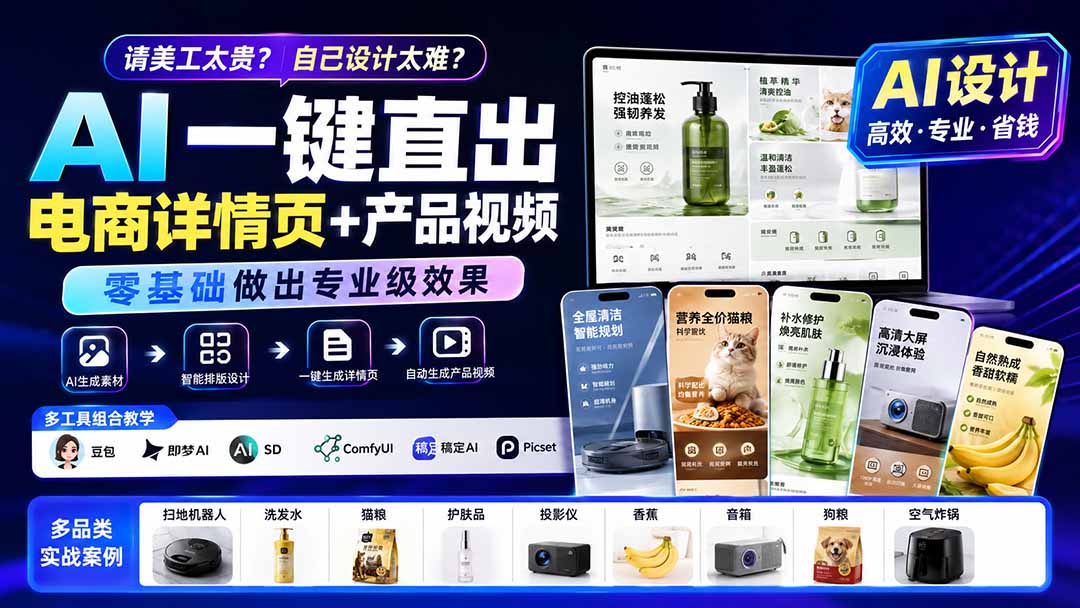 请美工太贵？自己设计太难？AI一键直出电商详情页+产品视频，零基础做出专业级效果 (更新0820-鼎铸网