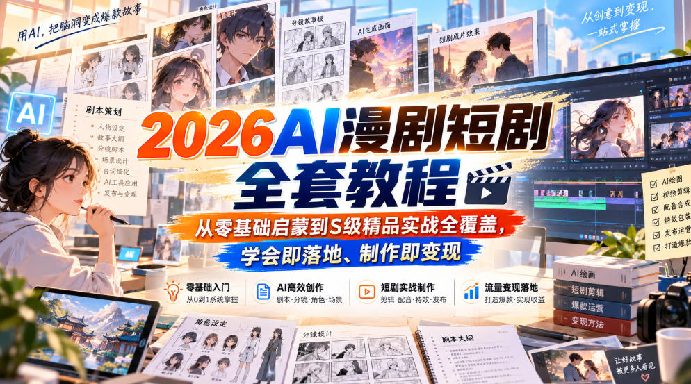 fa0fb84a4fe03f85247753c9dca797d8.jpeg 2026AI漫剧短剧全套教程,从零基础启蒙到S级精品实战全覆盖,学会即落地、制作即变现