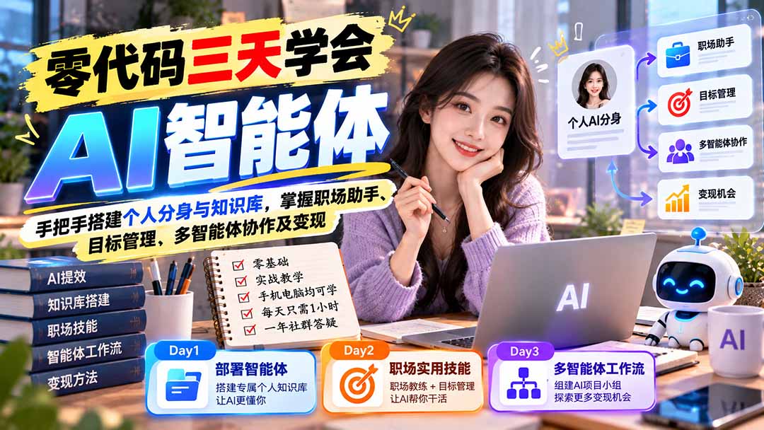 【无水印】零代码三天学会AI智能体：手把手搭建个人分身与知识库，掌握职场助手、目标管理、多智能体协作及变现