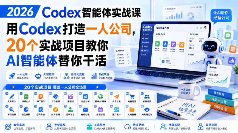 2026 Codex智能体实战课，用Codex打造一人公司，20个实战项目教你AI智能体替你干活-鼎铸网