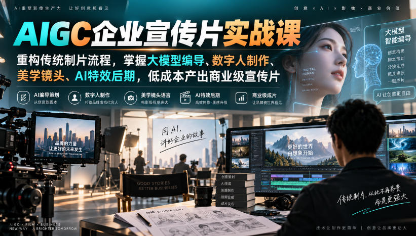 AIGC企业宣传片实战课，重构传统制片流程，掌握大模型编导、数字人制作、美学镜头、AI特效后期，低成本产出商业级宣传片-鼎铸网