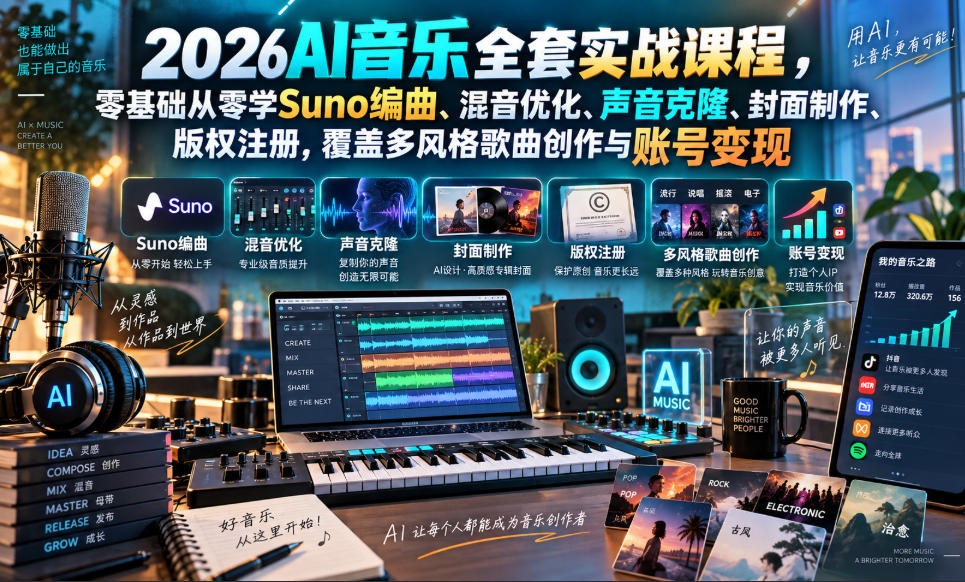 faf624bb29370d3d75a4771335029326.jpeg 2026AI音乐实战课程,零基础从零学Suno编曲、混音优化、声音克隆、版权注册,覆盖多风格歌曲创作与账号变现(更新0924)