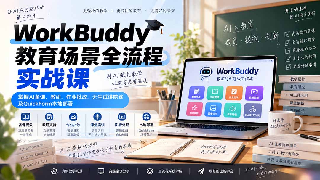 WorkBuddy教育场景全流程实战课:掌握AI备课、教研、作业批改、无生试讲陪练及QuickForm本地部署-鼎铸网