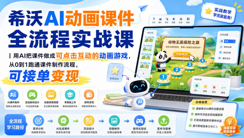 fb3c4780f53e81c11c837680b7f636a0.jpeg 希沃AI动画课件全流程实战课|用AI把课件做成可点击互动的动画游戏,从0到1跑通课件制作流程,可接单变现