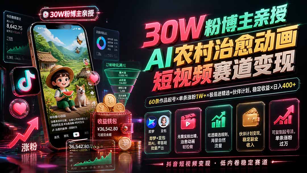 30W粉博主亲授AI农村治愈动画短视频赛道变现:60条作品起号×单条涨粉1W+×极易进精选+伙伴计划,稳定收益×日入400+-鼎铸网
