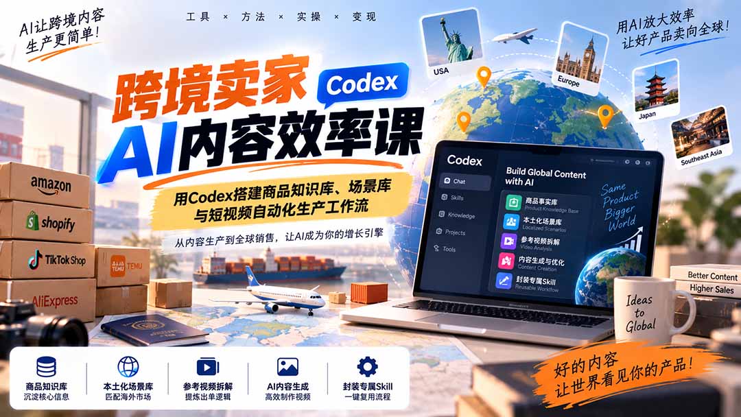 跨境卖家AI内容效率课：用Codex搭建商品知识库、场景库与短视频自动化生产工作流-鼎铸网