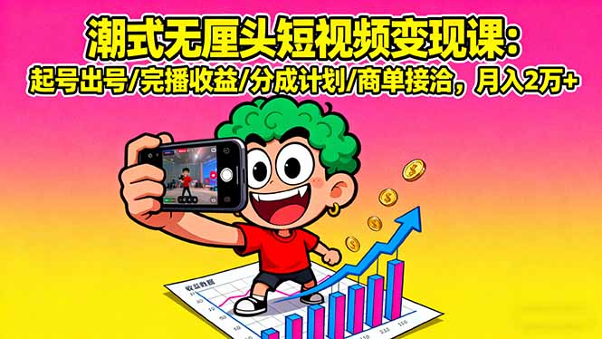 潮式无厘头短视频变现课：起号出号/完播收益/分成计划/商单接洽，月入2万+-鼎铸网