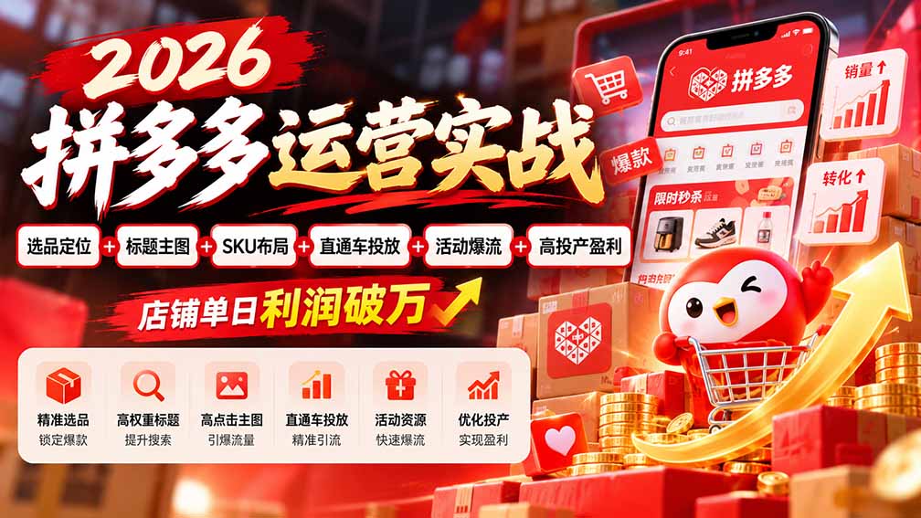 2026拼多多运营实战-更新1002:选品定位+标题主图+SKU布局+直通车投放+活动爆流+高投产盈利 店铺单日利润破万-鼎铸网