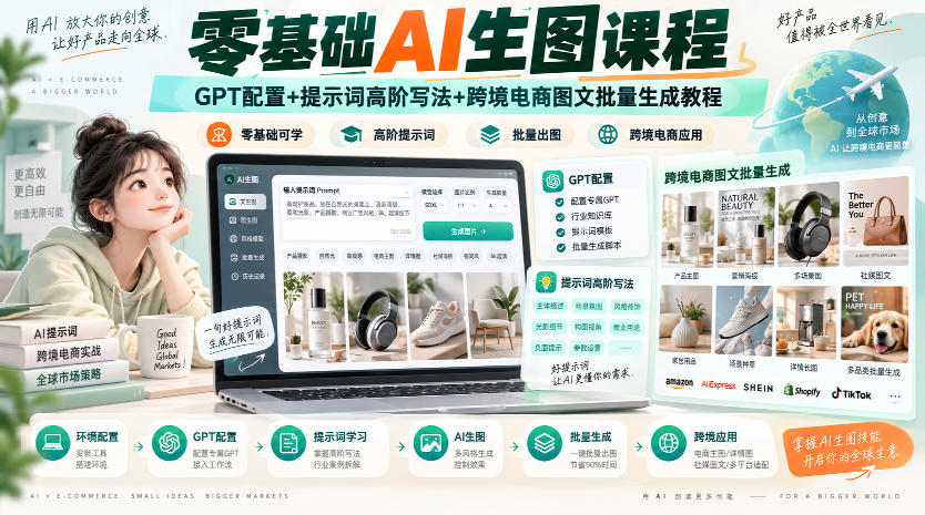 零基础AI生图课程，GPT配置+提示词高阶写法+跨境电商图文批量生成教程-鼎铸网
