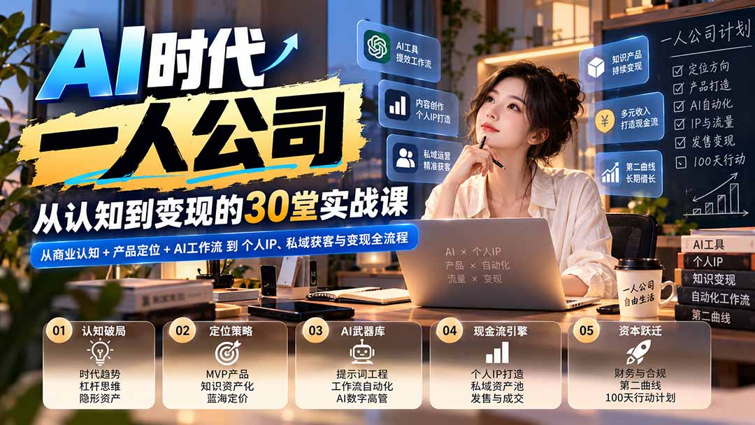 fd85ad8825038d63d186c4e0889adc70.jpeg 【无水印】AI时代一人公司30堂实战课:从商业认知+产品定位+AI工作流到个人IP、私域获客与变现全流程