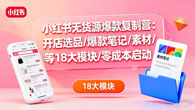 小红书无货源爆款复制营：开店选品/爆款笔记/素材/等18大模块/零成本启动-鼎铸网