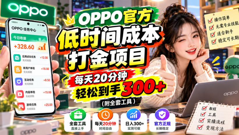 OPPO官方低时间成本打金项目,每天20分钟,轻松到手300+(附全套工具)【揭秘】-鼎铸网