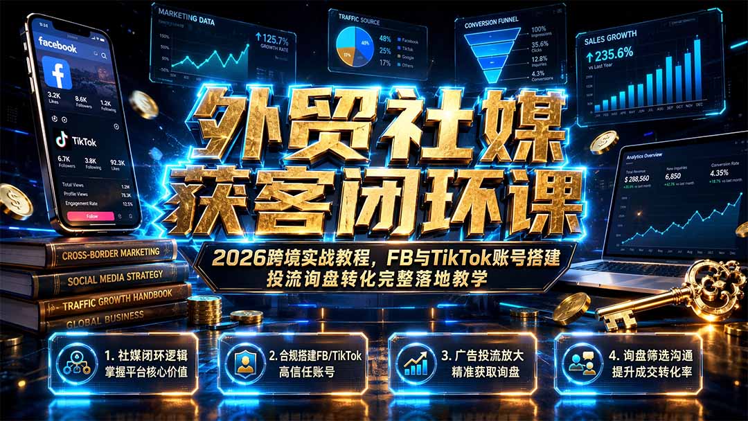 外贸社媒获客闭环课|2026跨境实战教程,FB与TikTok账号搭建投流询盘转化完整落地教学-鼎铸网