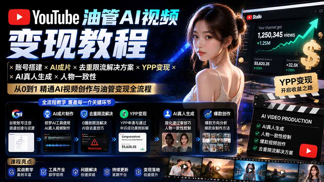 YouTube油管AI视频变现教程:账号搭建×AI成片×去重限流解决方案×YPP变现×AI真人生成×人物一致性-鼎铸网